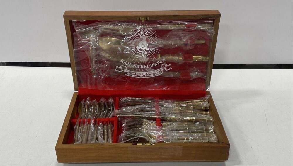 Vintage VU Solid Nickel Bronze Thai Bronzeware Flatware Set with Wood Storage Bo